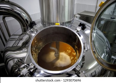 Beer brewed in a brewery. Brewing equipment at microbrewery