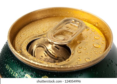 Beer Can With Drops On White Background