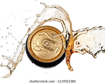 Beer Can With Drops Splash, Top View