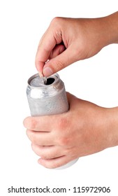 Beer Can In Hand Isolated On White Background