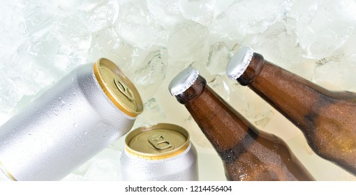 Beer Cans And Bottles Chilled In Ice