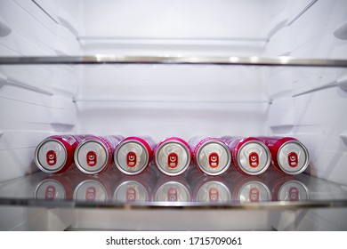 Beer In Cans Lies In The Refrigerator