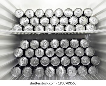 Beer Cans Stacked In A Refrigerator Ready To Host A Party