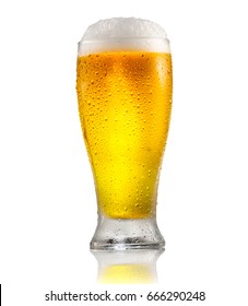 Beer. Cold Craft Light And Dark Beer In A Glass With Water Drops. Craft Beer Close Up Isolated On White Background