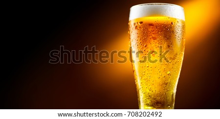 Beer. Cold Craft light Beer in a glass with water drops. Pint of Beer close up isolated on black color background. Border design.