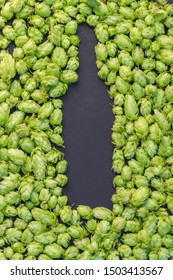 Beer Concept. Natural Ingredients Of Brewery Process- Hops Cones Pattern In Form Of Shape Of Beer Bottle. October Fest Background Idea Board.