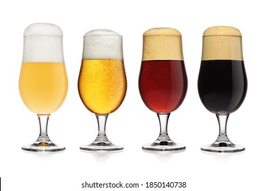 Beer Flight, Set Of Different Various Of Beers Isolated On White Background.