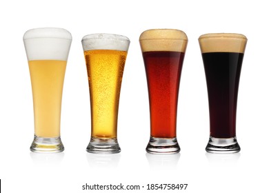 Beer Flight, Set Of Different Various Of Beers Isolated On White Background.