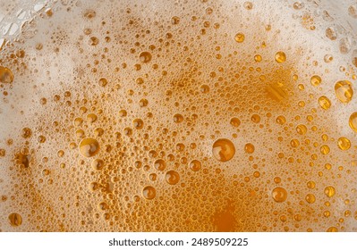 Beer Foam Texture, Bubbles on Alcohol Drunk Closeup, Ale Froth Pattern, Golden Beer Foam Textured Background Mockup with Copy Space for Text