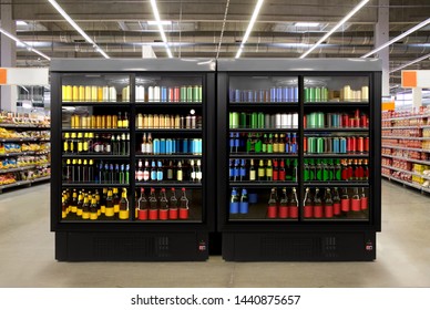 Beer Fridge Glass Door Fridge Horizontal Photo Mockup Beer Bottles And Cans In Freezer At Supermarket. Suitable For Presenting New Beer Bottles And Packaging Or Label Designs Among Many Others