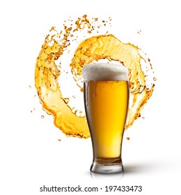 Beer In Glass With Splash Isolated On White Background