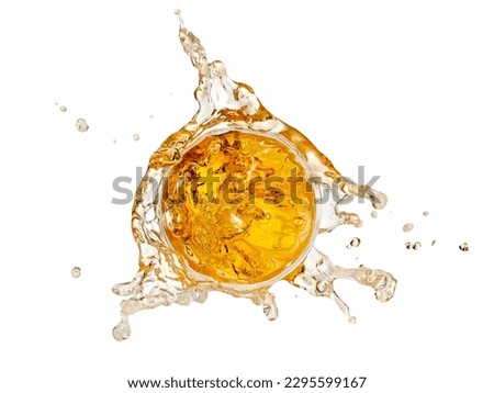 Beer glass splash, top view on white background
