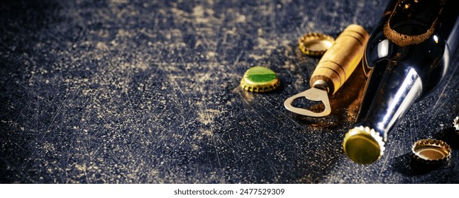 Beer in glasses and bottle opener. On rustic background. - Powered by Shutterstock