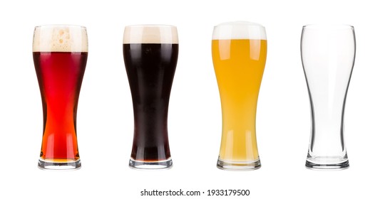 Beer Glasses Set Dark, Lager And Red Isolated On White Background