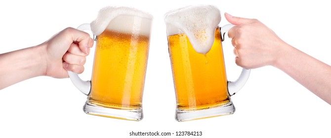 Beer With Hand Making Toast Isolated On A White Background