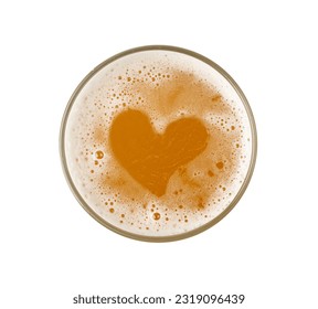 Beer Heart Isolated Top View, Unfiltered Lager in Glass, Wheat Beer with Foam, Bubbles on Alcohol Drunk Mug Top, Ale Froth, Love Beer Concept