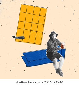 Beer holiday, party vibe. Contemporary collage with bearded man in traditional Bavarian costume sitting on sofa with glass of frothy beer. Illustration. Celebration, oktoberfest, festival concept.