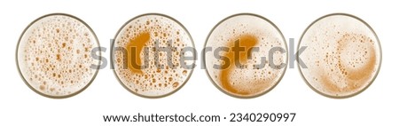 Beer Isolated Top View, Unfiltered Lager in Glass, Wheat Beer with Foam, Bubbles on Alcohol Drunk Mug Top, Ale Froth, Golden Beer on White Background