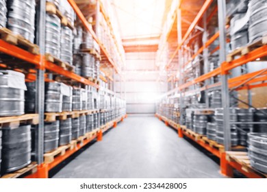 Beer kegs in warehouse of modern brewery stock, blurred background with sunlight. - Powered by Shutterstock