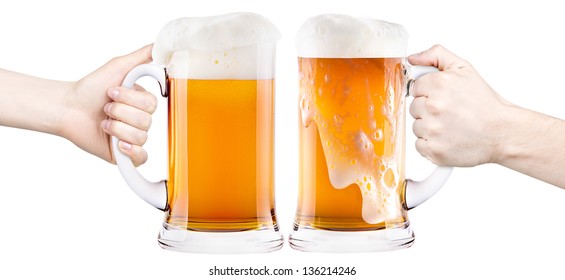 beer with man and woman hand making toast isolated