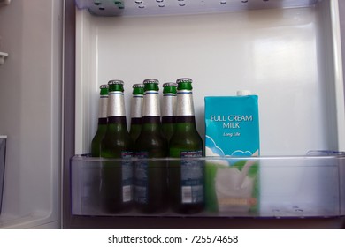 Beer And Milk In The Cold  Fridge