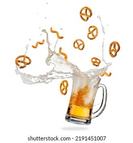 Beer Mug Splash With Flying Small Pretzels On White Background