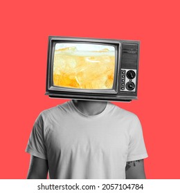 Beer party, festial. Contemporary art collage of male with TV instead head isolated over red background. Beer translation. Concept of party, festival, leisure time, Oktoberfest. Copy space for ad - Shutterstock ID 2057104784