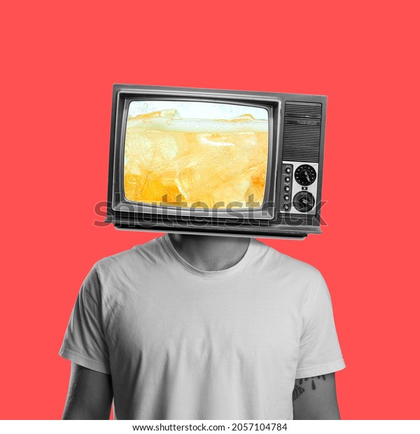 Beer party, festial. Contemporary art collage of male\
with TV instead head isolated over red background. Beer\
translation. Concept of party, festival, leisure time, Oktoberfest.\
Copy space for ad