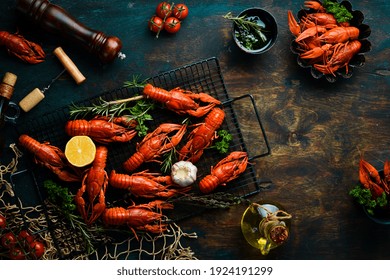 Beer Party. Still Life With Crayfish Crawfish On Old Wooden Rustic Background. Seafood. Top View. Flat Lay.