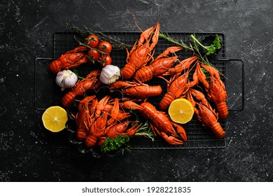 Beer Party. Still Life With Crayfish Crawfish On Old Wooden Rustic Background. Seafood. Top View. Flat Lay.