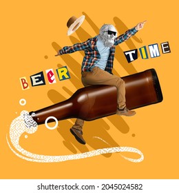 Beer party time. Creative artwork of man with antic statue head flying on beer bottle isolated over orange background. Concept of festival, national traditions, taste, drinks, Oktoberfest, ad