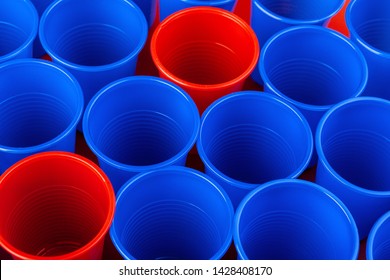 Beer Pong, College Party Game. Plastic Red And Blue Color Cups 