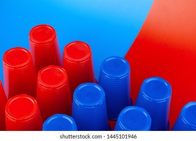 Beer Pong, College Party Game. Plastic Red And Blue Color Cups 