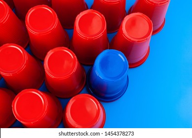 Beer Pong, College Party Game. Plastic Red And Blue Color Cups 