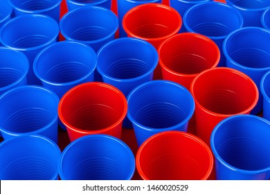 Beer Pong, College Party Game. Plastic Red And Blue Color Cups 