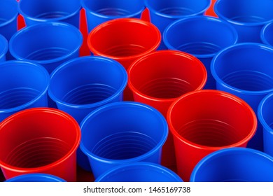 Beer Pong, College Party Game. Plastic Red And Blue Color Cups 