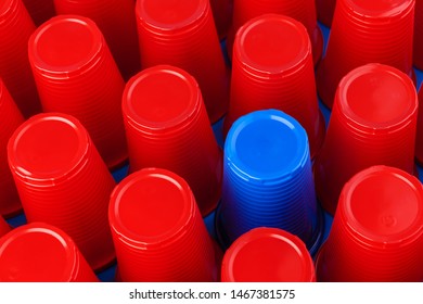 Beer Pong, College Party Game. Plastic Red And Blue Color Cups 