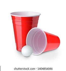 Beer Pong. Red Plastic Cups And Ping Pong Ball Solated On White Background 