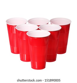 Beer Pong. Red Plastic Cups Isolated On White Background