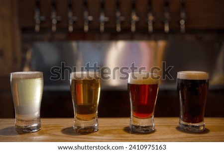 Beer samples in small shot glasses on the bar counter. 