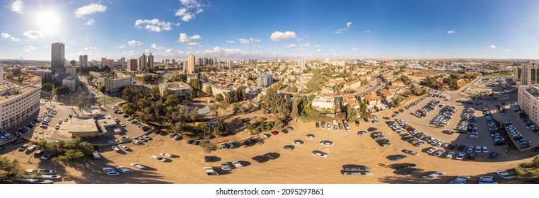 Beer Sheva, Israel - Aug 29, 2021: 360 degrees aerial panorama of city at winter with office and residential buildings