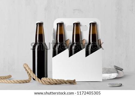 Beer six pack bottles composition mockup on white wooden background, with accessories and blank label to place your design