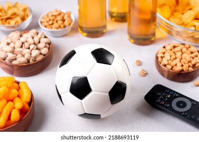 Beer And Snack On Gray Table With Football Ball, Football Game Night Food