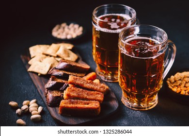 Beer And Snacks. Bar Table. Restaurant, Pub, Food Concept. Craft Lager Drink, Salted Nuts And Breaded Fried Cheese. Friday Party Atmosphere, Craft Brewery Background