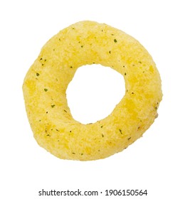 Beer snacks. Corn rings sticks with cheese and green onion flavor isolated white background. Junk food. File contains clipping path. 