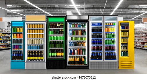 Beer and Soda pop drinks and soft drinks in Fridge-frezzer in Supermarket. Six Vertical Glass door fridge photo mockup Soda pop cans and plastic bottles in vertical freezer at supermarket.