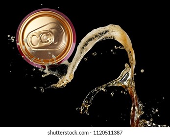 Beer Splash Over A Red Beer Can, Top View