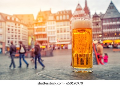 Beer Time In Old Town Square Romerberg At Frankfurt Germany