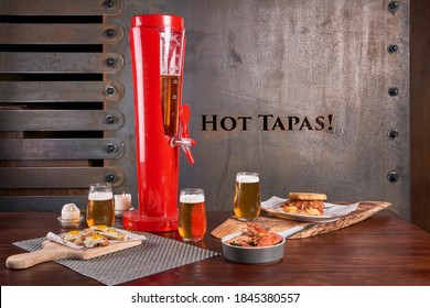 Beer tower and Tapas in rustic bar