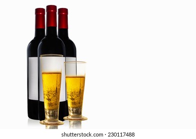 Beer And Wine Bottles On White Background For Celebration.